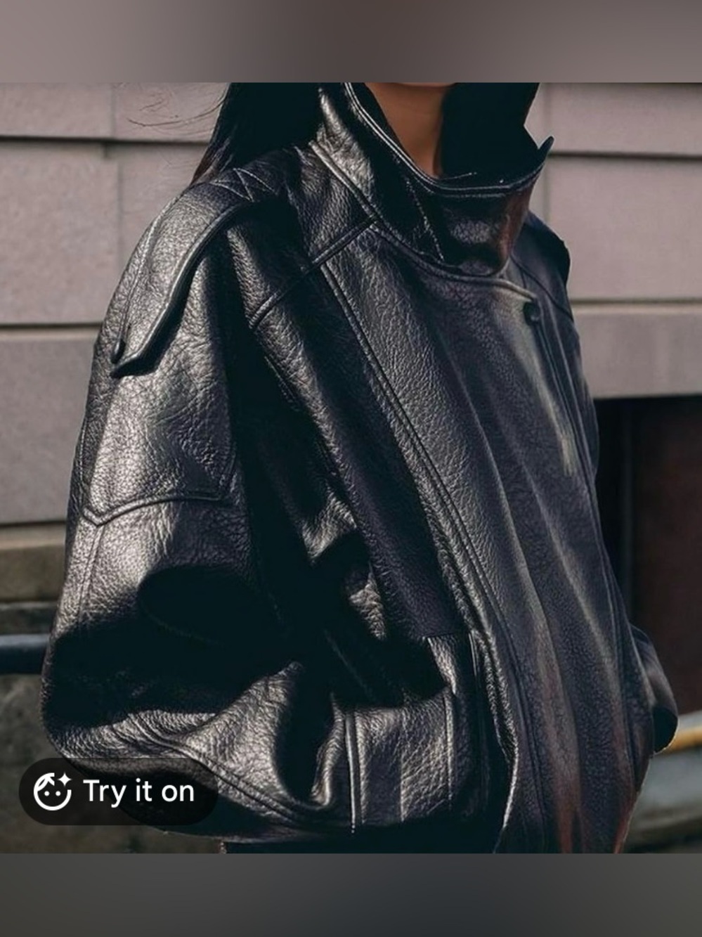 Black faux leather bomber jacket